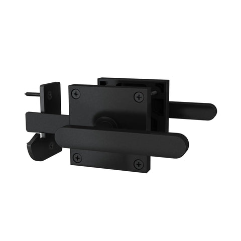 Heavy Duty Gate Latch With Dual Sided Handles For Right Inswing Gates Self Locking Swing Gate Hardware, black finish, close-up view