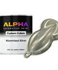 Premium Aluminized Silver Basecoat Midcoat One Gallon 128 Oz Ready To Spray Auto Paint with a metallic sample next to the can.