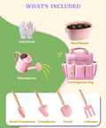 8 Piece Kids Gardening Set With Real Metal Tools Metal Basket And Tote Gloves Watering Can Shovels Rake And Ergonomic Wooden Handles For STEM Outdoor Exploration Fun Hands On Gift For Toddlers And Kids with gloves, watering can, pink bucket, and organizer bag