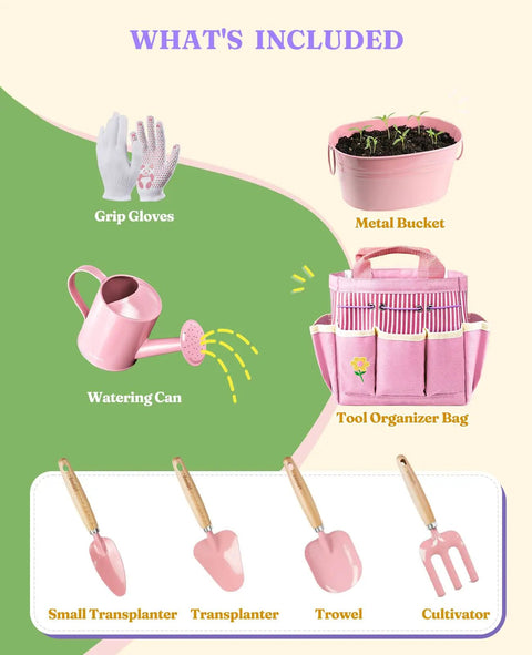 8 Piece Kids Gardening Set With Real Metal Tools Metal Basket And Tote Gloves Watering Can Shovels Rake And Ergonomic Wooden Handles For STEM Outdoor Exploration Fun Hands On Gift For Toddlers And Kids with gloves, watering can, pink bucket, and organizer bag