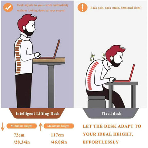 Illustration comparing Rock Solid Electric Height Adjustable L Shaped Standing Desk and a fixed desk highlighting ergonomic benefits.