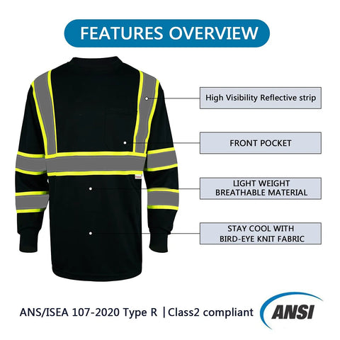 Hi Vis Long Sleeve Safety Shirt 3 Pack With 360 Degree Reflective Strips Breathable Black Unisex Work Shirt for cycling running construction