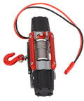 Check Out This Sick CNC Metal RC Dual Motor Winch For Your Truck, features electric motors, red hook, and metal body.