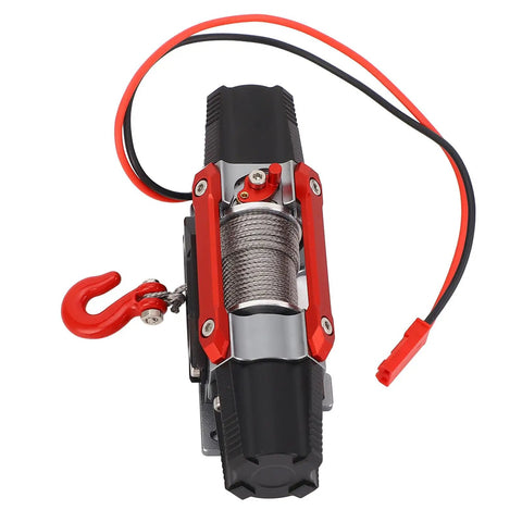 Check Out This Sick CNC Metal RC Dual Motor Winch For Your Truck, features electric motors, red hook, and metal body.