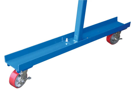 Heavy Duty Portable Gantry Crane With 1000 Lb Capacity And Adjustable Steel Frame for garage workshops, showing blue base with red wheels.