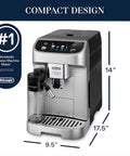 Silver Automatic Espresso Machine With Built In Milk Frother And One Touch Brewing System For Killer Shots And Creamy Lattes And Fresh Iced Coffee top view showcasing compact size and dimensions.