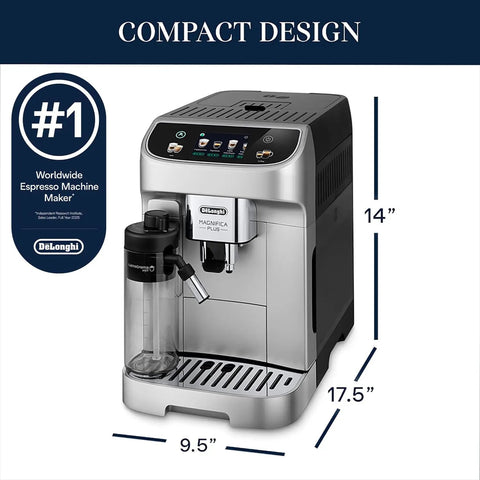 Silver Automatic Espresso Machine With Built In Milk Frother And One Touch Brewing System For Killer Shots And Creamy Lattes And Fresh Iced Coffee top view showcasing compact size and dimensions.