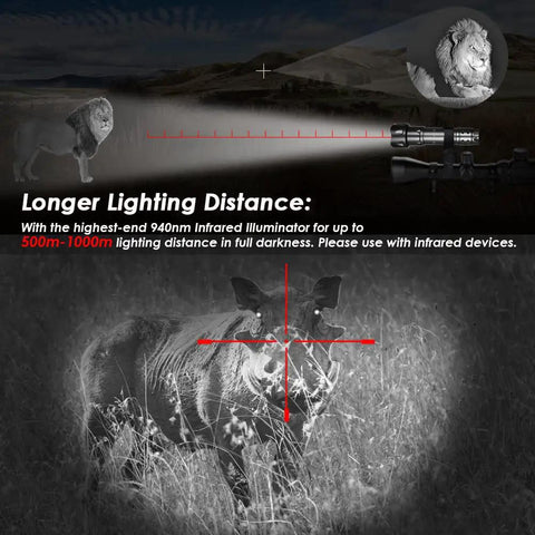 Beast Mode 850nm Infrared Illuminator Flashlight With Fresnel Lens zoomed in on a lion at 1000 meters in a night vision scene.