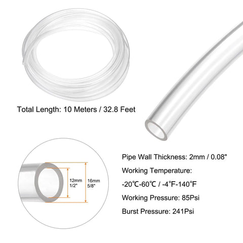 Clear PU Pneumatic Tubing Hose For Air Compressors 16mm OD By 12mm ID 10 Meter Length Flexible Polyurethane Line specifications