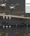 Heavy Duty Aluminum Curtain Track System 90cm Ceiling Or Wall Mount For Heavy Curtains And Sliding Panels In Black Finish, Adjustable 50cm To 600cm, Rustproof Waterproof With Stainless Steel Track For Built To Last Durable Home Or Office Use, showing side and top mounting codes and hardware.