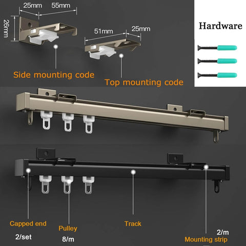Heavy Duty Aluminum Curtain Track System 90cm Ceiling Or Wall Mount For Heavy Curtains And Sliding Panels In Black Finish, Adjustable 50cm To 600cm, Rustproof Waterproof With Stainless Steel Track For Built To Last Durable Home Or Office Use, showing side and top mounting codes and hardware.