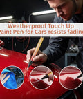 Man using 2 Pack Car Scratch Removal Pen And Auto Paint Repair Brush Kit For All Colors Clear Finish Touch Up Paint on red car