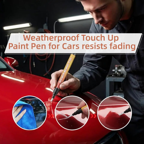 Man using 2 Pack Car Scratch Removal Pen And Auto Paint Repair Brush Kit For All Colors Clear Finish Touch Up Paint on red car