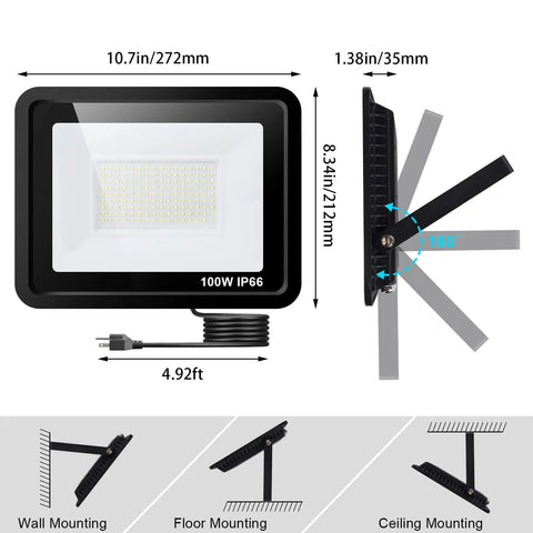 LED Flood Lights Outdoor 100W 10000LM Plug In IP66 Waterproof 6000K Beast Bright Security Floodlights For Backyard Yard Garden Stadium Playground Two Pack Easy Install with measurements and mounting options