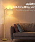 Arched LED Floor Lamp With Linen Shade And Double Layer Lampshade, Tall Modern Standing Light With E26 Socket And Footswitch, Dope Gold Mid Century Vibe For Living Room, Bedroom Or Office Decor