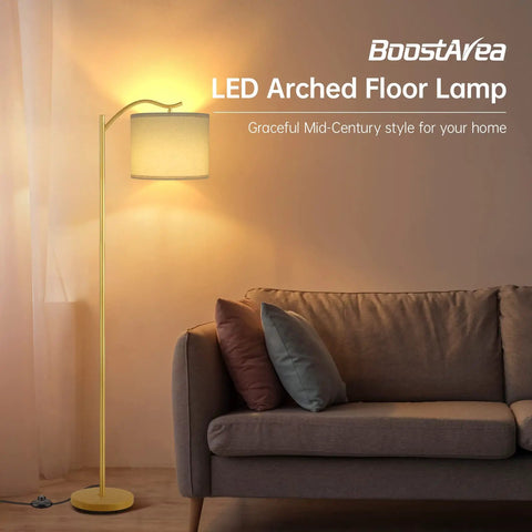 Arched LED Floor Lamp With Linen Shade And Double Layer Lampshade, Tall Modern Standing Light With E26 Socket And Footswitch, Dope Gold Mid Century Vibe For Living Room, Bedroom Or Office Decor