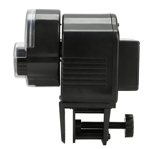Slick Install Automatic Fish Feeder For Aquarium Battery Operated with adjustable portion control, side view image.