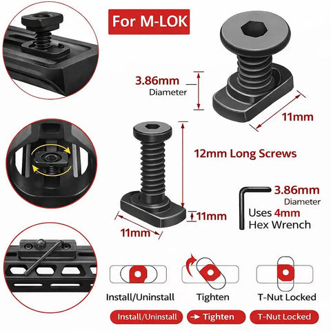 Mlok Rail T Nut Replacement Screws 10 Pack Kit With Self Locking Thread Pads For Tactical Rifle Accessories, 11mm base, 12mm long screws.