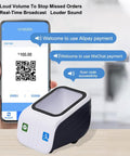 Hands Free Desktop Barcode Scanner With Auto Sensor for supermarkets, phone showing WeChat and Alipay, QR code displayed