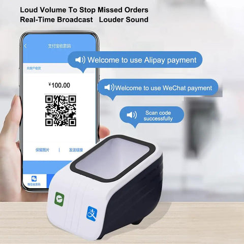 Hands Free Desktop Barcode Scanner With Auto Sensor for supermarkets, phone showing WeChat and Alipay, QR code displayed