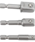 Versatile 3-Piece Power Drill Adapter Socket Set Featuring 1/4, 3/8 And 1/2 Inch Hex Shank To Drive Converters For Impact Drivers Electric Drills And Screwdrivers Tough Stainless Steel Build For Serious DIY And Pro Work This Essential Tool Accessory Kit, three adapters