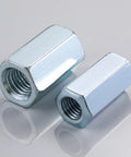 Extended Hexagon Quarter Inch 20 Coupling Nuts Zinc Plated Steel Threaded Rod Connectors showing two sizes for heavy duty use.