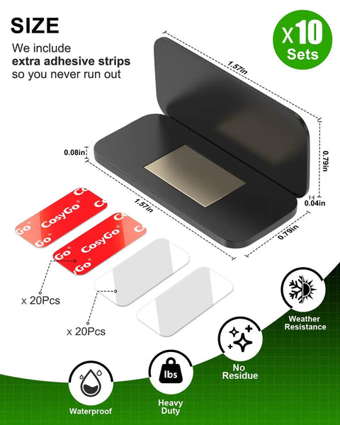 Diagram of 10 Pack Ultra Thin Magnetic Door Catches for Cabinets and Drawers with adhesive strips and dimensions shown.