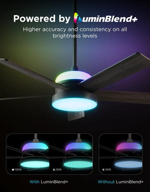 Ceiling Fan With Lights And Remote, 52 Inch Low Profile Black with LuminBlend+ technology and RGBIC Smart Lighting