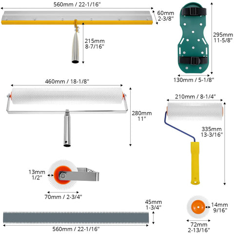 Self Leveling Cement Tool Kit With 9 Inch And 20 Inch Spike Rollers, Scraper, And Spiked Shoes For Cement, Mortar And Floor Leveling.