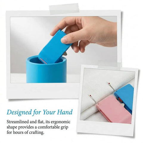 Hand holding Magnetic Seam Guide for Sewing Machine Handy Hemmer Guide With Scale, retractable blue tool in container