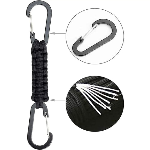 2 Pack Black Paracord Keychain Carabiner Clips With Heavy Duty Chain Hooks Lanyard Hangers For Water Bottles Keys