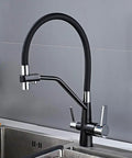 GAZOGJ 3-Way Kitchen Faucet with 360°Rotatable Shower Head, Dual Lever Mixer Tap in black finish.