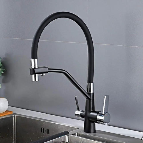 GAZOGJ 3-Way Kitchen Faucet with 360°Rotatable Shower Head, Dual Lever Mixer Tap in black finish.