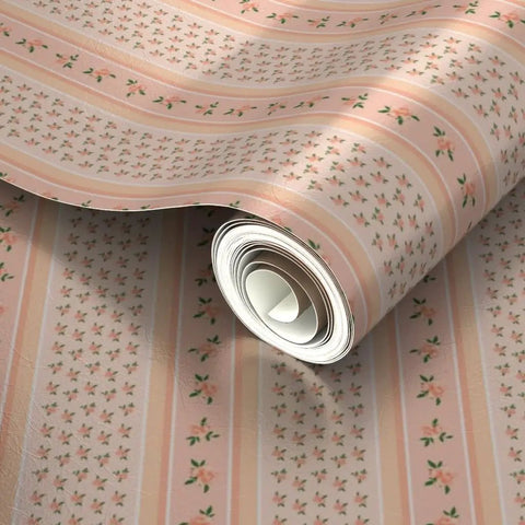 Fresh Peach Floral Stripe and Silver Metallic Wallpaper Bring Sick Textured Vibes to Any Room with This Eco Friendly Paste The Wall Accent Covering Made in USA and Completely PVC Free, rolled wallpaper showcasing floral stripe pattern.