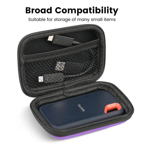 Heavy Duty Hardshell Eva Earbud Case And Dope Headphone Pouch With Warm Flannel Lining For Your Daily Tech Setup Phone Chargers Cables And Memory Cards Ultimate Travel Bag In Purple open showing USB cables and a storage pocket.