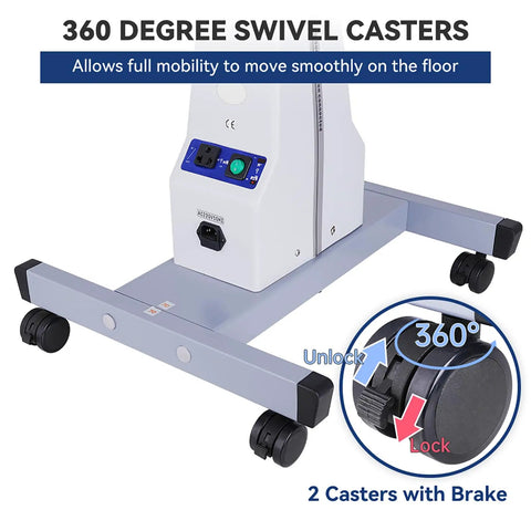 Motorized Ophthalmic Instrument Table With Drawer featuring 360-degree swivel casters with lock and unlock feature.