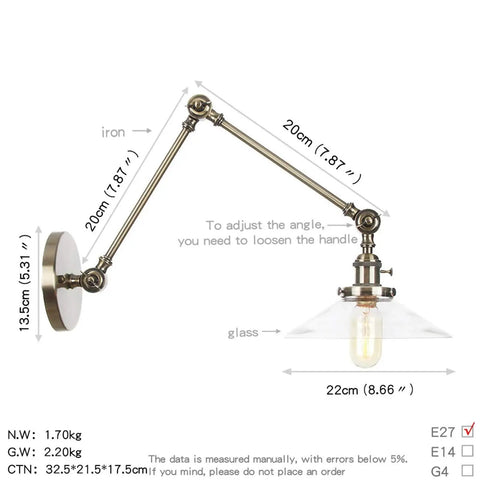 Wall Sconce Lights Indoor Bedroom Hallway Swing Arm Lamps with Switch,Adjustable Metal,Clear Glass Shade,Hardwired Industrial Lamp for Living Room with detailed dimensions.