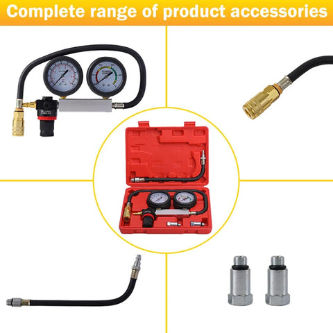 TU-21 cylinder leak-down tester kit with dual gauges and red carrying case for automotive engines.