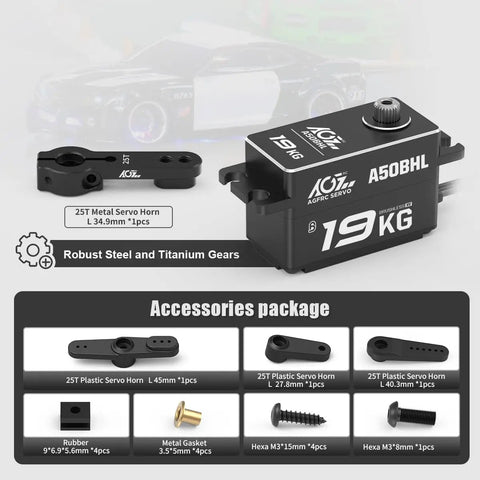 Beefy 19KG High Speed Brushless RC Steering Servo With Full Metal Gear 0.073Sec 25T Metal Horn 180 Degree Travel Programmable Via AGF SPV3 Not Included Black Edition Heavy Duty RC Car Boat Plane Servo package