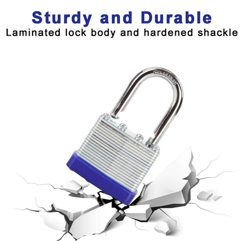 Trinity Keyed-Alike Padlocks Outdoor Heavy Duty Laminated Steel Body 1-9/16 Inch Shackle 40mm with text 'Sturdy and Durable'