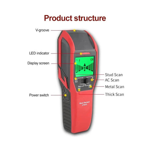 Close-up of UT387C Heavy Duty Stud Finder And Wall Scanner features, including display screen, LED indicator, and scan modes.