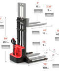 Heavy Duty Full Electric Forklift Walkie Pallet Stacker With 3300 Lb Capacity For Moving Big Loads And Easy Warehouse Tasks Plus 158 Inch Lift Height dimensions and specifications graphic.