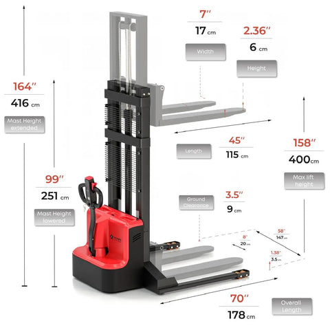 Heavy Duty Full Electric Forklift Walkie Pallet Stacker With 3300 Lb Capacity For Moving Big Loads And Easy Warehouse Tasks Plus 158 Inch Lift Height dimensions and specifications graphic.