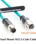 M12 A Code 8 Pin Male To Female Extension Cable With Front Panel Bulkhead Mount IP67 Shielded CAT6A Pro Grade Industrial Ethernet For Sensors, Robotics, Machine Vision And Automation 0.3m, blue cable, threaded locking connectors