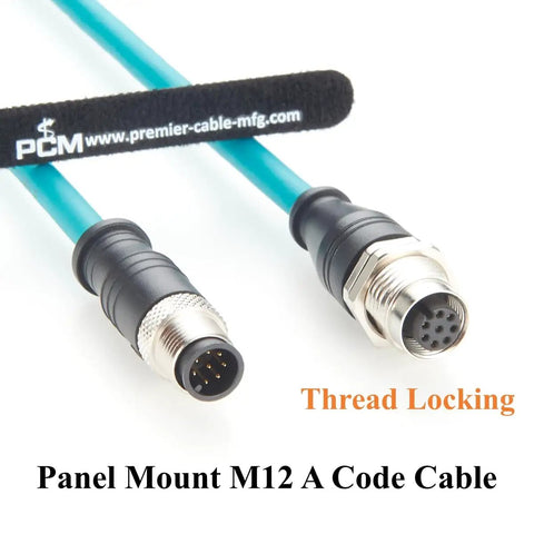 M12 A Code 8 Pin Male To Female Extension Cable With Front Panel Bulkhead Mount IP67 Shielded CAT6A Pro Grade Industrial Ethernet For Sensors, Robotics, Machine Vision And Automation 0.3m, blue cable, threaded locking connectors