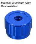 Blue aluminum alloy round wheel handle for faucet knobs and handwheels, rust-resistant, close-up view.