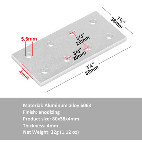 10 Pack Flat Joining Plates For 2020 2040 T Slot Aluminum Profiles, 8 Hole Rectangle Plate with dimensions and material details