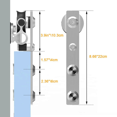 Side view of 16 Feet Sliding Barn Door Hardware Kit Heavy Duty Stainless Steel Track Brushed Nickel For Double Wood Doors.