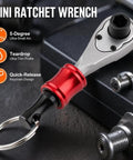 Grab And Go Portable Quarter Inch Hex End Mini Ratchet Wrench Set with Quick Release Magnetic Bit Driver Keychain in red.