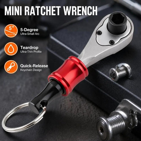 Grab And Go Portable Quarter Inch Hex End Mini Ratchet Wrench Set with Quick Release Magnetic Bit Driver Keychain in red.